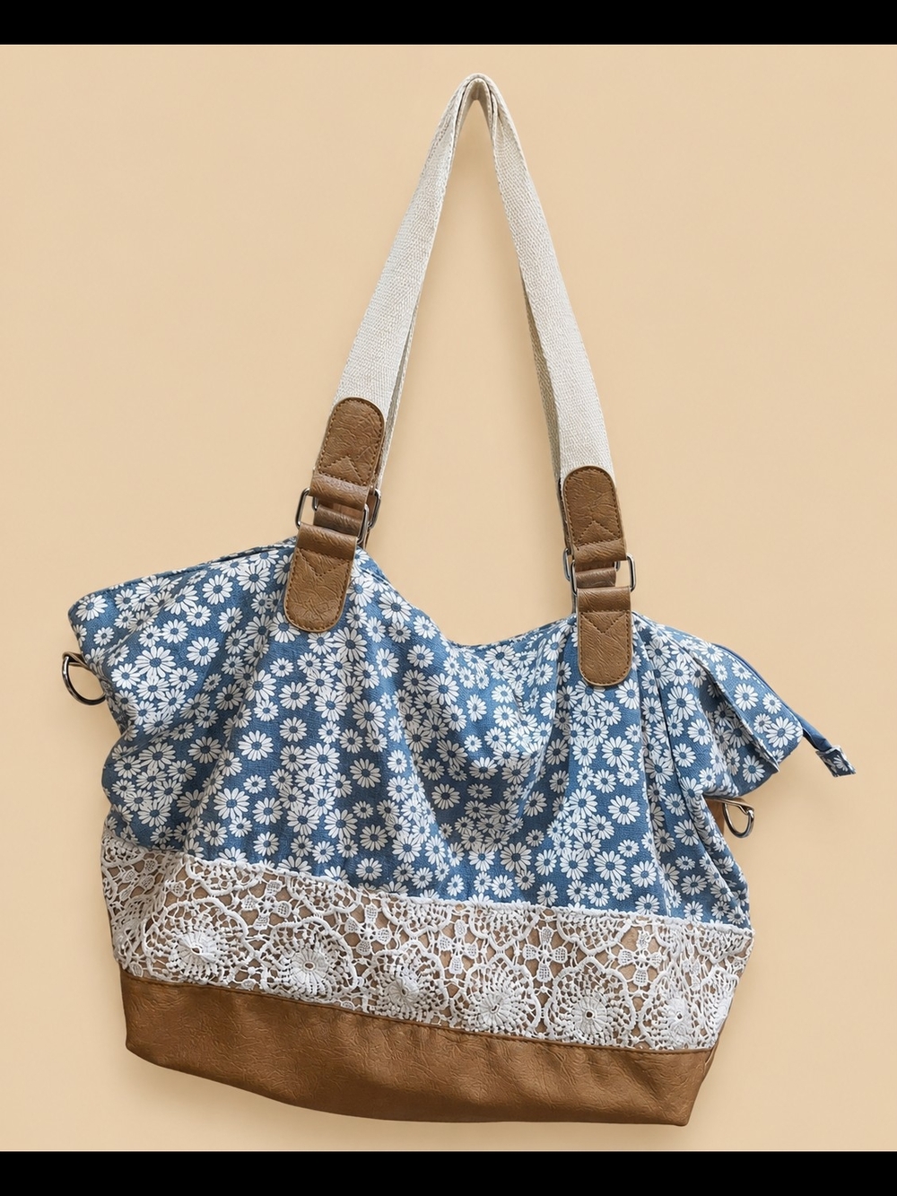 Mudd Blue Daisy Canvas Tote Bag with Lace Trim